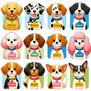 home 3 Imagen de un perro con un collar que ilustra una lista de más de 100 nombres para perros machos y hembras, con opciones originales y creativas.